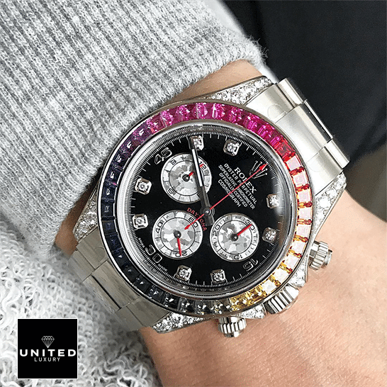 Rolex Black Diamond Replica 1 Rolex Daytona White Gold Diamond Set Custom Case 116599RBOW Replica on his arm